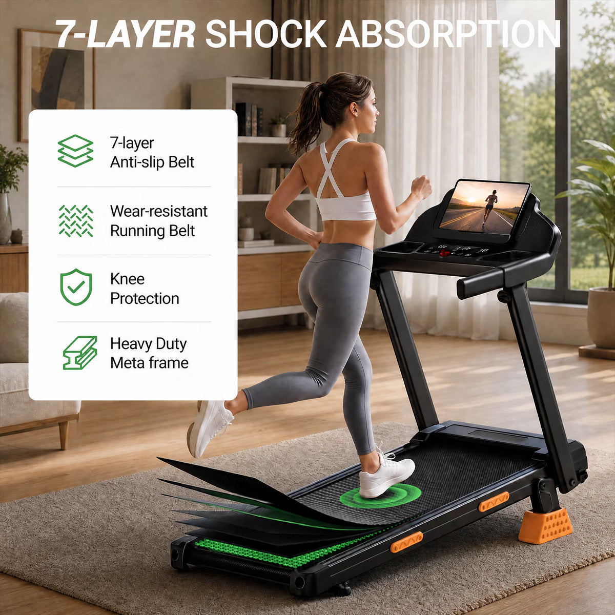 15% Incline Folding Treadmill for Home, 3.0HP Motor, 400LB Capacity, Portable Walking Pad with Handrails & 3 LED Displays
