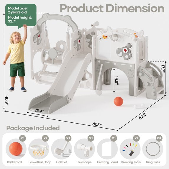 Fodoss 11 in 1 Pegasus Toddler Slide and Swing Set Kids Slide for Toddlers Indoor and Outdoor with Basketball Hoop Drawing Golf Toddler playset Brown