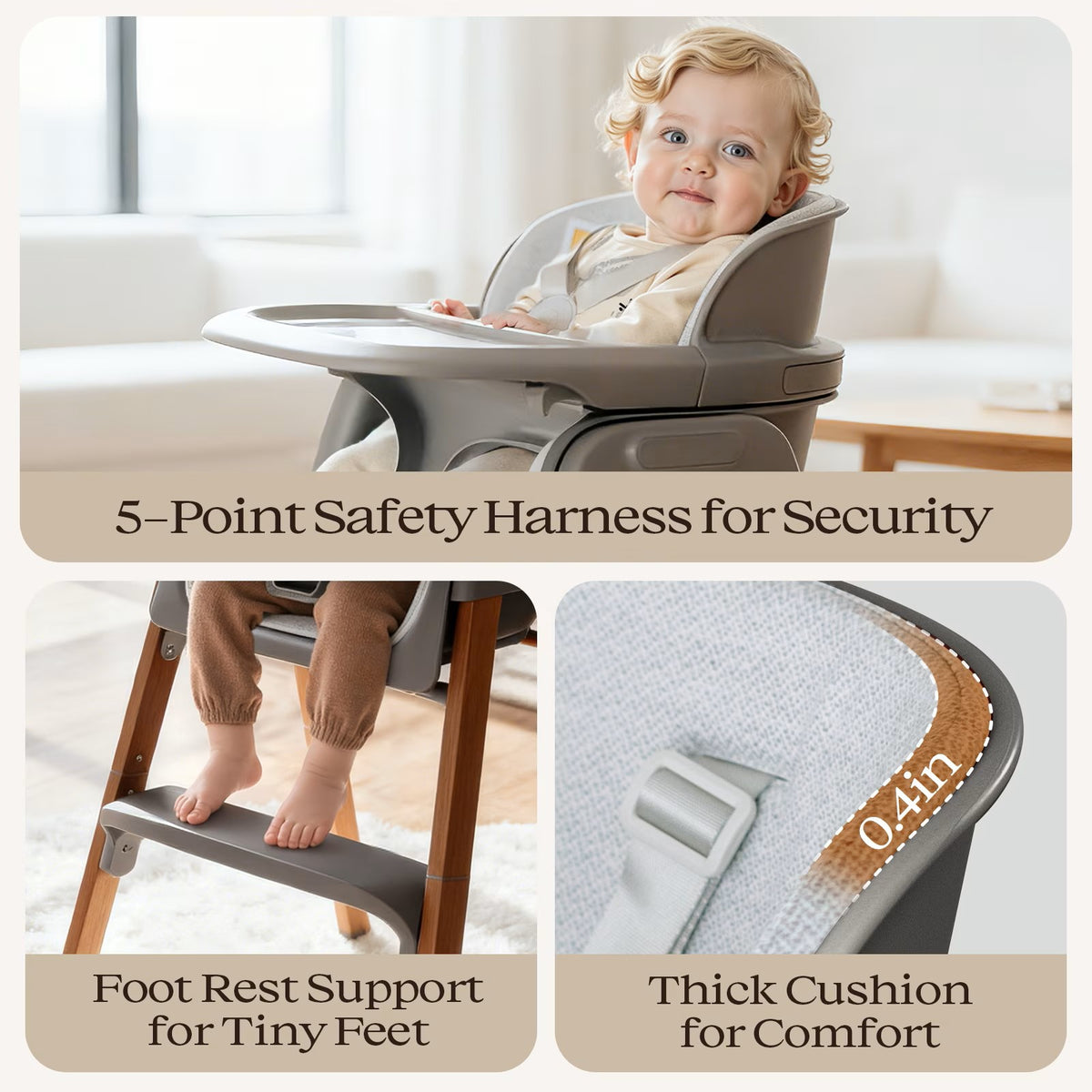 Family Baby Feeding Chair Foldable Convertible High Chair with Harness, Easy Clean Metal Frame, Removable Tray Gray