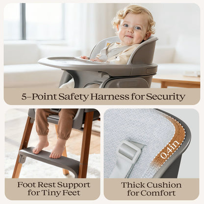 Family Baby Feeding Chair Foldable Convertible High Chair with Harness, Easy Clean Metal Frame, Removable Tray Gray