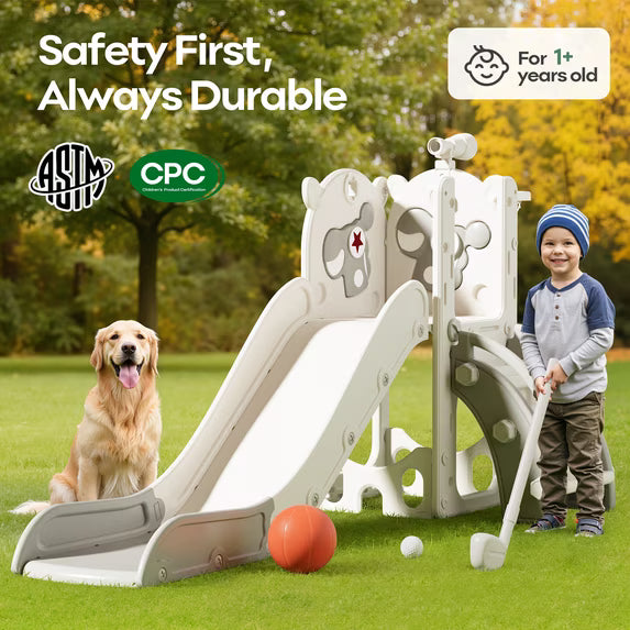 Fodoss 6 in 1 Toddler Slide Kids Slide for Toddlers Indoor and Outdoor with Upgraded Golf&Basketball Hoop for Kids Pegasus Design Gray