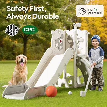 Fodoss 6 in 1 Toddler Slide Kids Slide for Toddlers Indoor and Outdoor with Upgraded Golf&Basketball Hoop for Kids Pegasus Design Gray