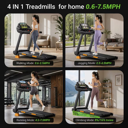 15% Incline Folding Treadmill for Home, 3.0HP Motor, 400LB Capacity, Portable Walking Pad with Handrails & 3 LED Displays