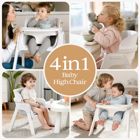 Family Baby Feeding Chair Foldable Convertible High Chair with Harness, Easy Clean Metal Frame, Removable Tray White