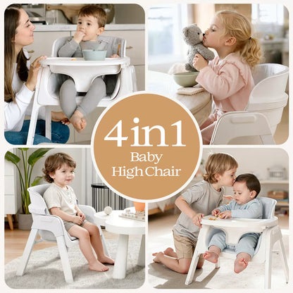 Family Baby Feeding Chair Foldable Convertible High Chair with Harness, Easy Clean Metal Frame, Removable Tray White