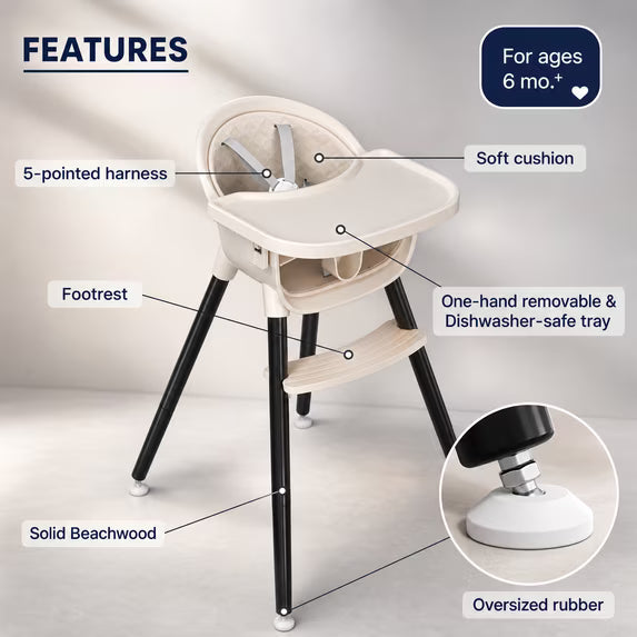 Fodoss 3-in-1 Wooden High Chair for Babies and Toddlers Easy Clean Baby Feeding Chair with Sponge Cushion Black