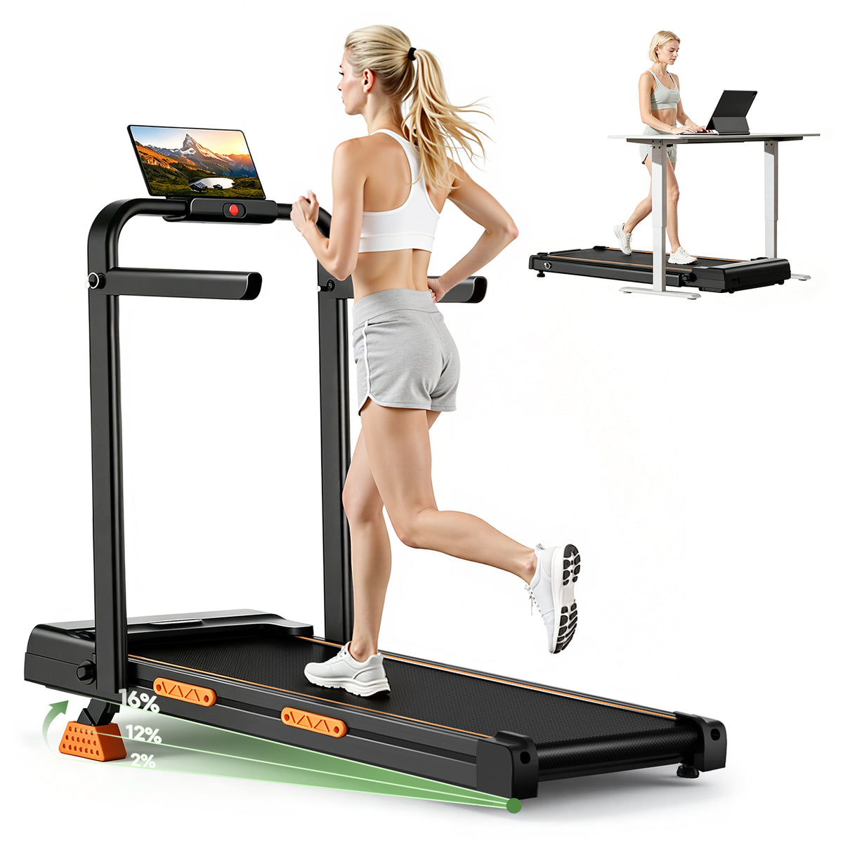16% Incline Walking Pad Treadmill, 4-in-1 Foldable Under Desk Treadmill with Handles, 2.5 HP Quiet Motor, 330 LB Capacity