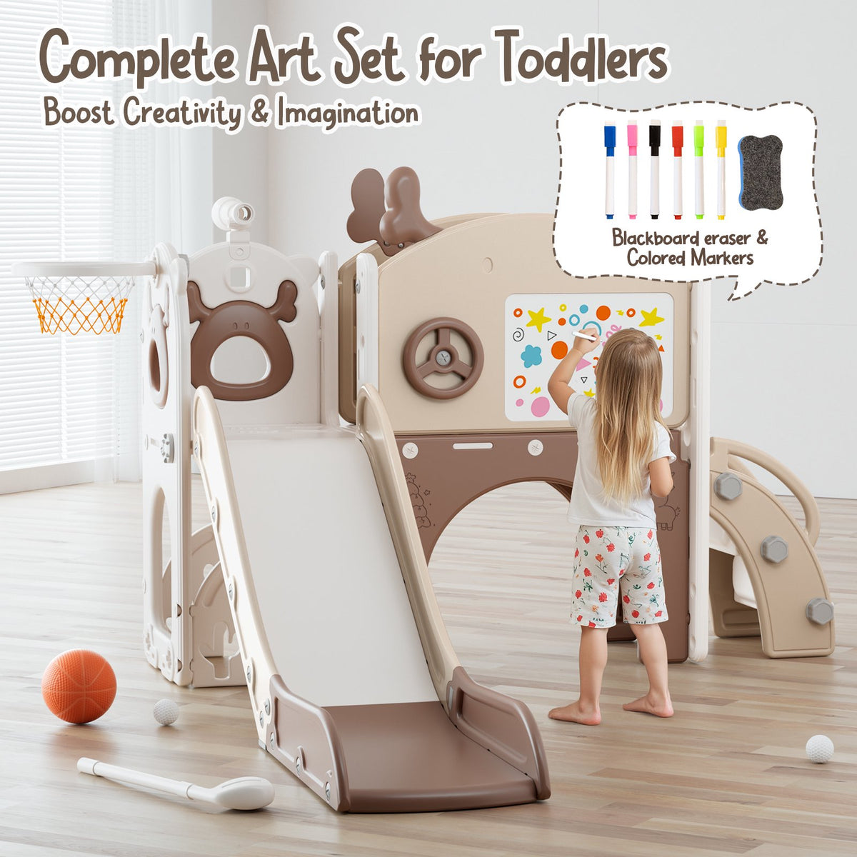 Fodoss 11 in 1 Toddler Slide for Kids Kids Slide for Toddlers Indoor and Outdoor with Basketball Hoop Golf Drawing Set Elk Theme Brown