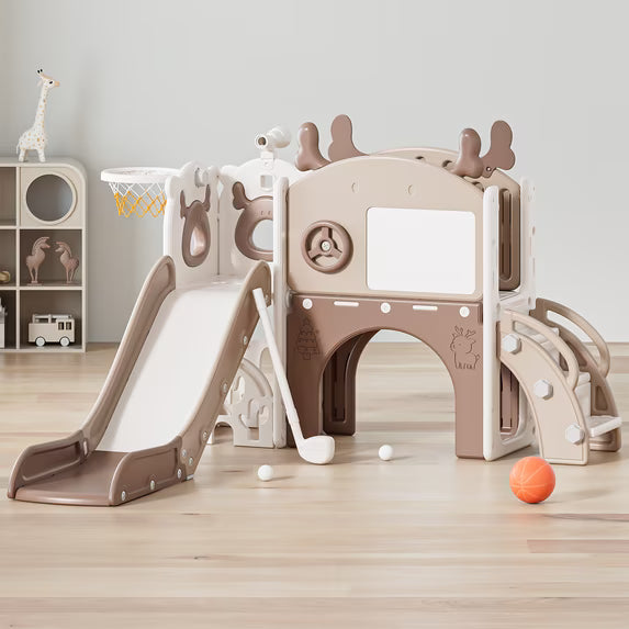 Fodoss 11 in 1 Toddler Slide for Kids Kids Slide for Toddlers Indoor and Outdoor with Basketball Hoop Golf Drawing Set Elk Theme Brown