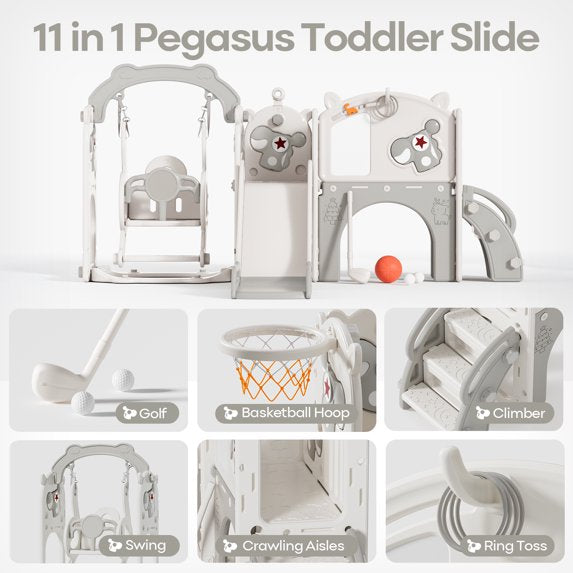 Fodoss 11 in 1 Pegasus Toddler Slide and Swing Set Kids Slide for Toddlers Indoor and Outdoor with Basketball Hoop Drawing Golf Toddler playset Brown