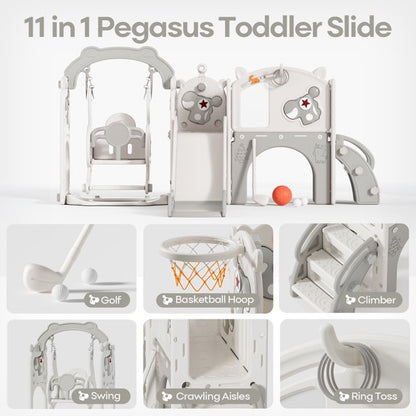 Fodoss 11 in 1 Pegasus Toddler Slide and Swing Set Kids Slide for Toddlers Indoor and Outdoor with Basketball Hoop Drawing Golf Toddler playset Brown