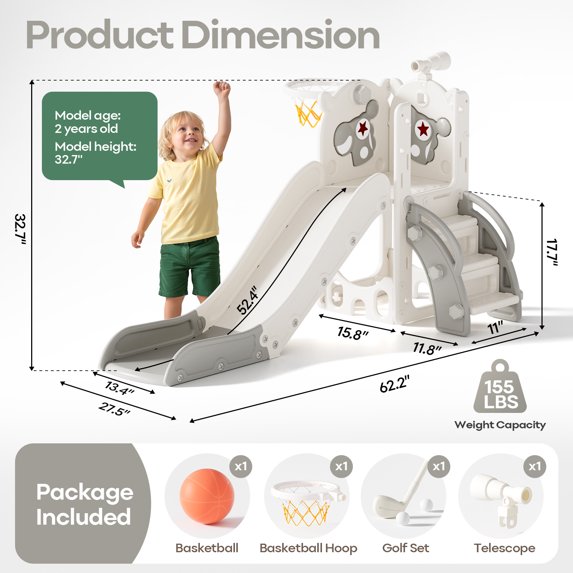 Fodoss 6 in 1 Toddler Slide Kids Slide for Toddlers Indoor and Outdoor with Upgraded Golf&Basketball Hoop for Kids Pegasus Design Gray