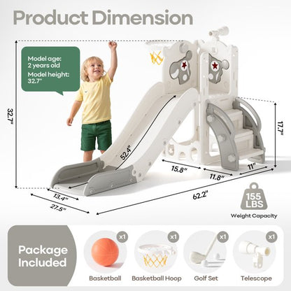 Fodoss 6 in 1 Toddler Slide Kids Slide for Toddlers Indoor and Outdoor with Upgraded Golf&Basketball Hoop for Kids Pegasus Design Gray