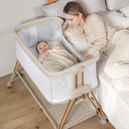 3-in-1 Baby Bassinets Bedside Sleeper Height Adjustable Baby Crib for infants with Wheels,Storage Tray, Full-Mesh Sides Beige