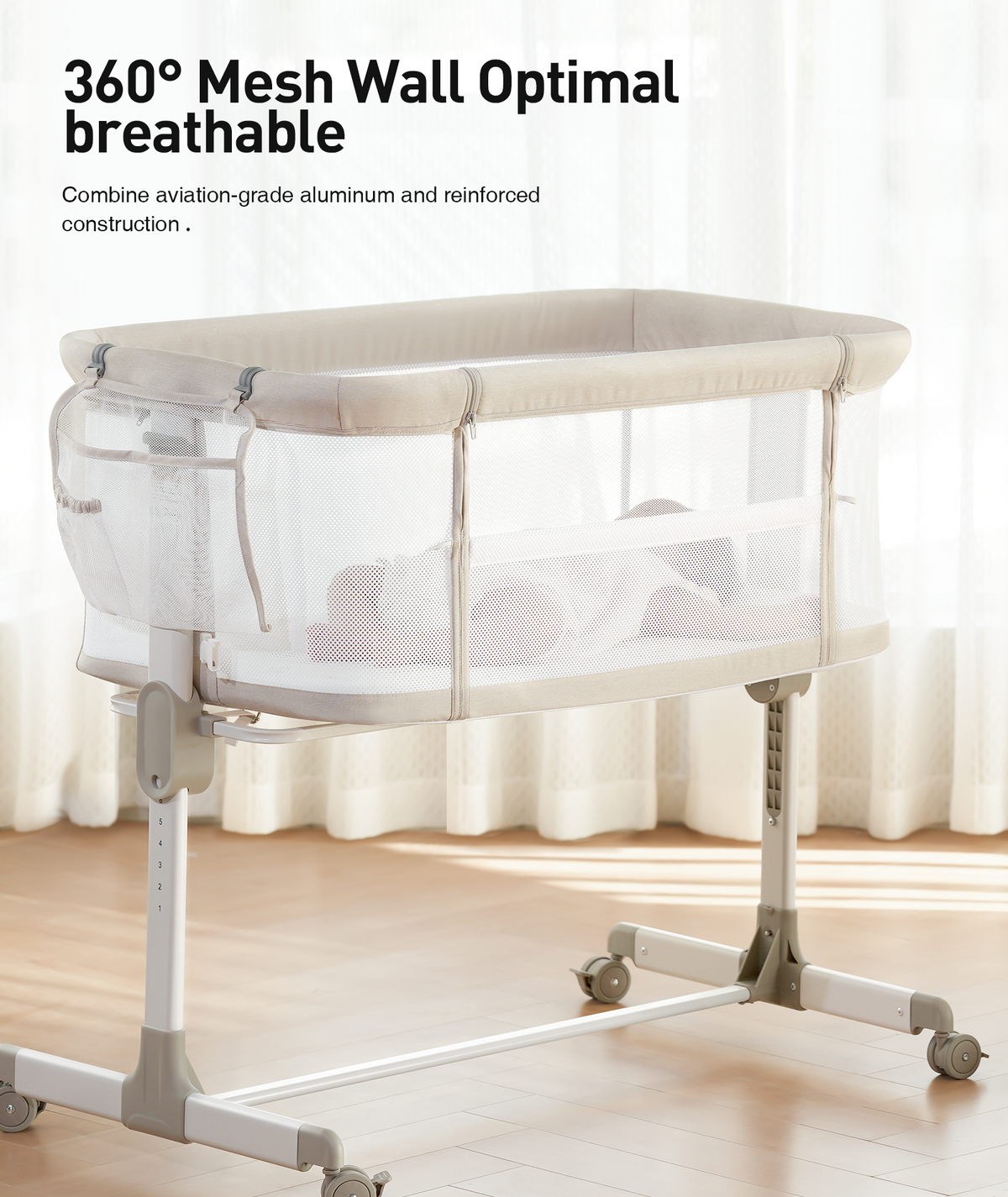 Fodoss Baby Bassinets Bedside Sleeper - All Mesh Bedside Bassinet with Wheels, 7 Height Adjustable Baby Bassinet for Infants, Beige