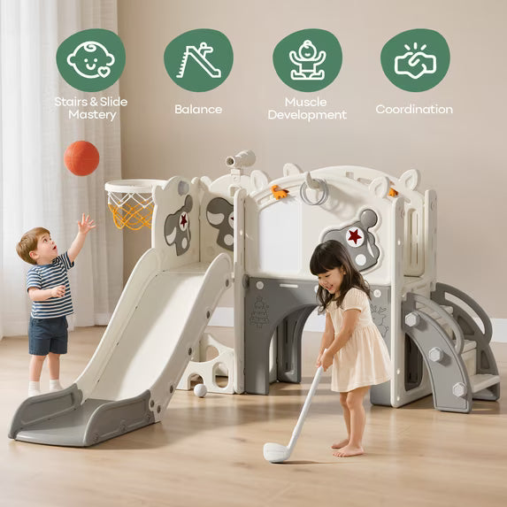 Fodoss 10 in 1 Toddler Slide for Kids Kids Slide for Toddlers Indoor and Outdoor with Basketball Hoop Golf Drawing Set Pegasus Theme Brown