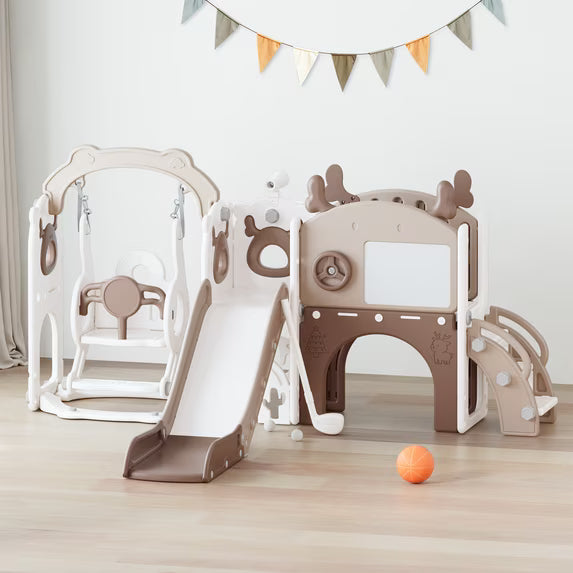 Fodoss 12 in 1 Elk Toddler Slide and Swing Set Kids Slide for Toddlers Indoor and Outdoor with Basketball Hoop Drawing Golf Toddler playset Brown