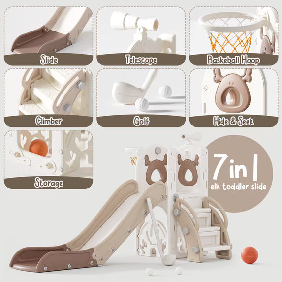 Fodoss 7 in 1 Toddler Slide Kids Slide for Toddlers Indoor and Outdoor with Upgraded Golf&Basketball Hoop for Kids Elk Design Brown