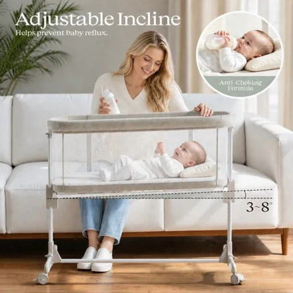 Baby Bassinets with Wheels & High-Density Cotton Fiber Mattress Height Adjustable Baby Crib for Infants, Beige