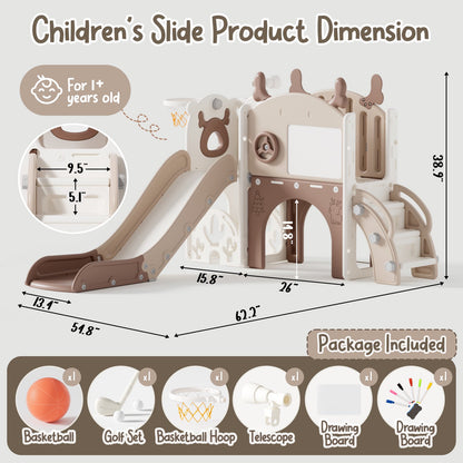 Fodoss 11 in 1 Toddler Slide for Kids Kids Slide for Toddlers Indoor and Outdoor with Basketball Hoop Golf Drawing Set Elk Theme Brown