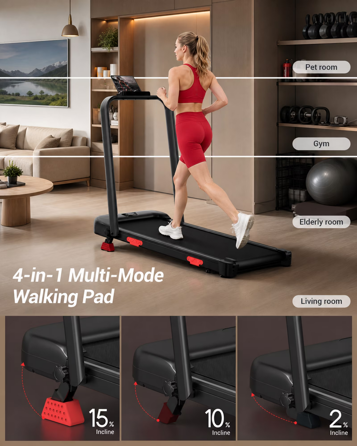 15% Incline Walking Pad with Handle Bar, 2.5HP Under Desk Treadmill 0.6-6.2MPH for Home Office, 300 LBS Weight Capacity