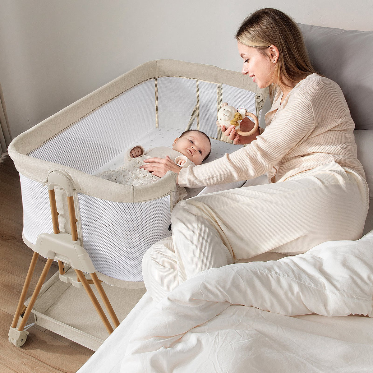 3-in-1 Baby Bassinets Bedside Sleeper Height Adjustable Baby Crib for infants with Wheels,Storage Tray, Full-Mesh Sides Beige