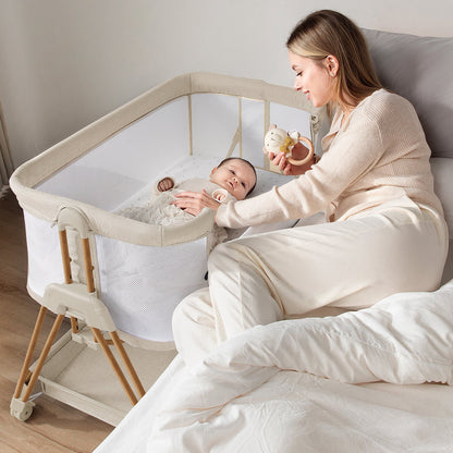 3-in-1 Baby Bassinets Bedside Sleeper Height Adjustable Baby Crib for infants with Wheels,Storage Tray, Full-Mesh Sides Beige