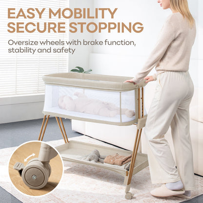 3-in-1 Baby Bassinets Bedside Sleeper Height Adjustable Baby Crib for infants with Wheels,Storage Tray, Full-Mesh Sides Beige