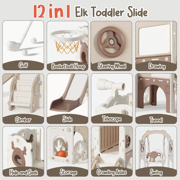Fodoss 12 in 1 Elk Toddler Slide and Swing Set Kids Slide for Toddlers Indoor and Outdoor with Basketball Hoop Drawing Golf Toddler playset Brown