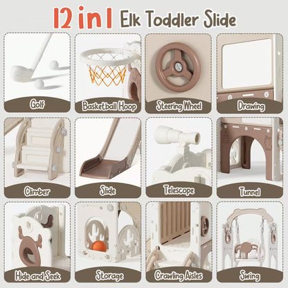 Fodoss 12 in 1 Elk Toddler Slide and Swing Set Kids Slide for Toddlers Indoor and Outdoor with Basketball Hoop Drawing Golf Toddler playset Brown