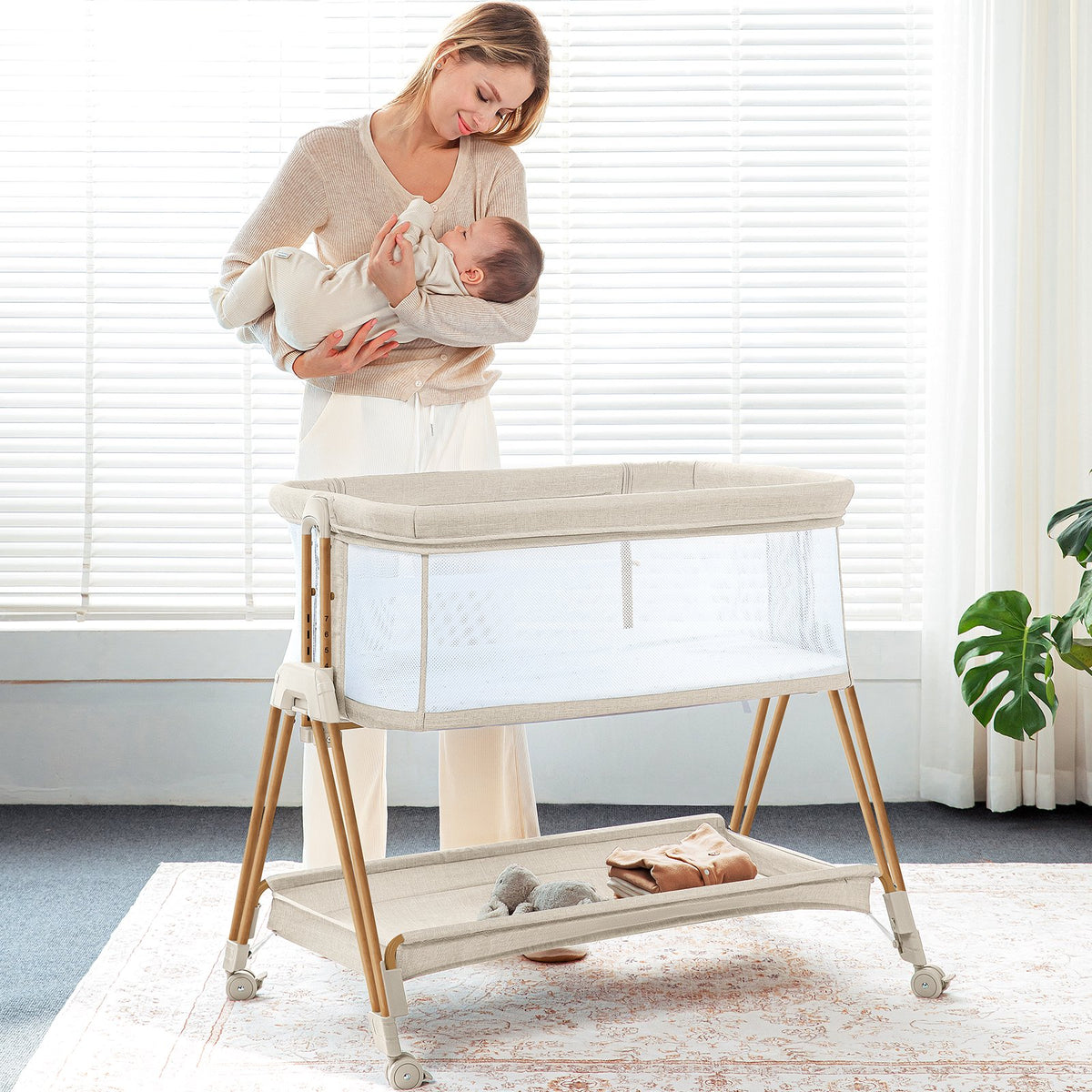 3-in-1 Baby Bassinets Bedside Sleeper Height Adjustable Baby Crib for infants with Wheels,Storage Tray, Full-Mesh Sides Beige
