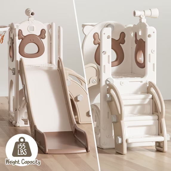 Fodoss 7 in 1 Toddler Slide Kids Slide for Toddlers Indoor and Outdoor with Upgraded Golf&Basketball Hoop for Kids Elk Design Brown
