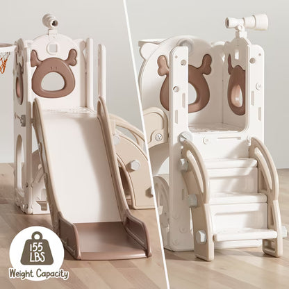 Fodoss 7 in 1 Toddler Slide Kids Slide for Toddlers Indoor and Outdoor with Upgraded Golf&Basketball Hoop for Kids Elk Design Brown