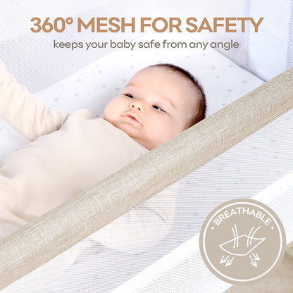 3-in-1 Baby Bassinets Bedside Sleeper Height Adjustable Baby Crib for infants with Wheels,Storage Tray, Full-Mesh Sides Beige