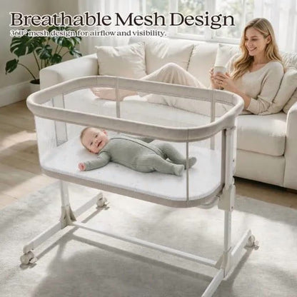 Baby Bassinets with Wheels & High-Density Cotton Fiber Mattress Height Adjustable Baby Crib for Infants, Beige