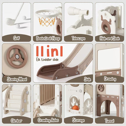 Fodoss 11 in 1 Toddler Slide for Kids Kids Slide for Toddlers Indoor and Outdoor with Basketball Hoop Golf Drawing Set Elk Theme Brown
