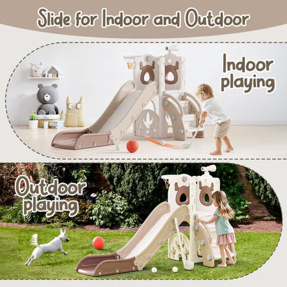 Fodoss 7 in 1 Toddler Slide Kids Slide for Toddlers Indoor and Outdoor with Upgraded Golf&Basketball Hoop for Kids Elk Design Brown