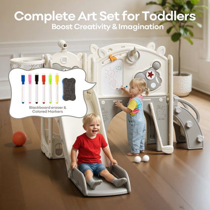 Fodoss 10 in 1 Toddler Slide for Kids Kids Slide for Toddlers Indoor and Outdoor with Basketball Hoop Golf Drawing Set Pegasus Theme Brown