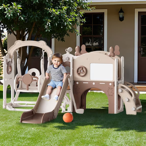 Fodoss 12 in 1 Elk Toddler Slide and Swing Set Kids Slide for Toddlers Indoor and Outdoor with Basketball Hoop Drawing Golf Toddler playset Brown
