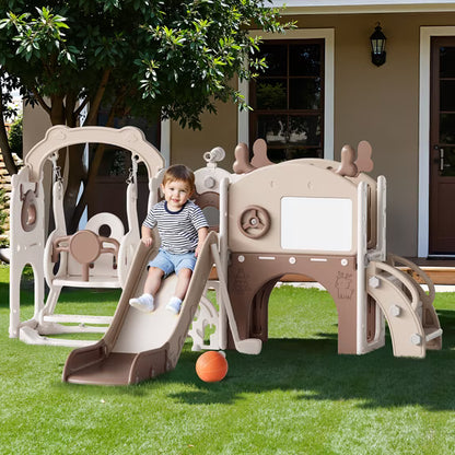 Fodoss 12 in 1 Elk Toddler Slide and Swing Set Kids Slide for Toddlers Indoor and Outdoor with Basketball Hoop Drawing Golf Toddler playset Brown