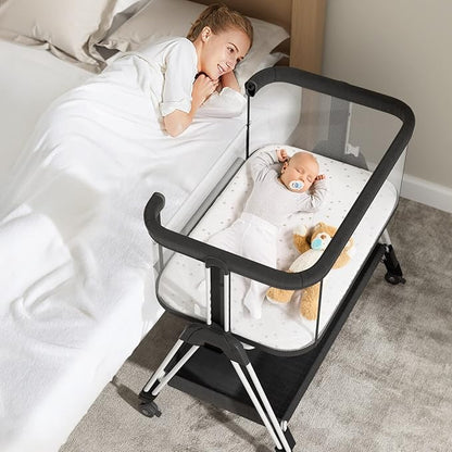 Fodoss Baby Bassinet Bedside Sleeper with Wheels and Storage Tray,4-Sided Mesh Bedside Bassinet for Infant/Newborn,7 Height Adjustable Easy Folding Bedside Crib