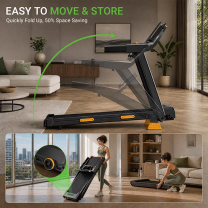15% Incline Folding Treadmill for Home, 3.0HP Motor, 400LB Capacity, Portable Walking Pad with Handrails & 3 LED Displays