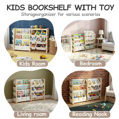 Fodoss Kids Toy Storage Organizer with 12 Bins & 4-Tier Bookshelf Sturdy Wooden Shelf for Kids’ Bedroom Space-Saving Cube Storage for Toys&Books