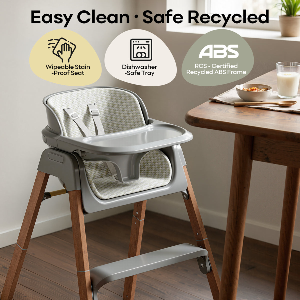 Fodoss Baby High Chair, 4-in-1 Convertible Gray for Babies & Toddlers | Grows with kids across stages, Thick Wood-print Metal Frame ensures stability, 5-point harness & dishwasher-safe tray