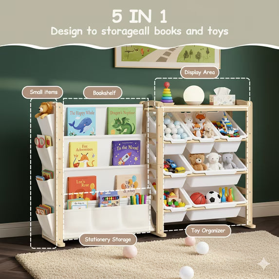 Fodoss Kids Toy Storage Organizer with 12 Bins & 4-Tier Bookshelf Sturdy Wooden Shelf for Kids’ Bedroom Space-Saving Cube Storage for Toys&Books
