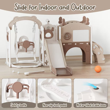 Fodoss 12 in 1 Elk Toddler Slide and Swing Set Kids Slide for Toddlers Indoor and Outdoor with Basketball Hoop Drawing Golf Toddler playset Brown