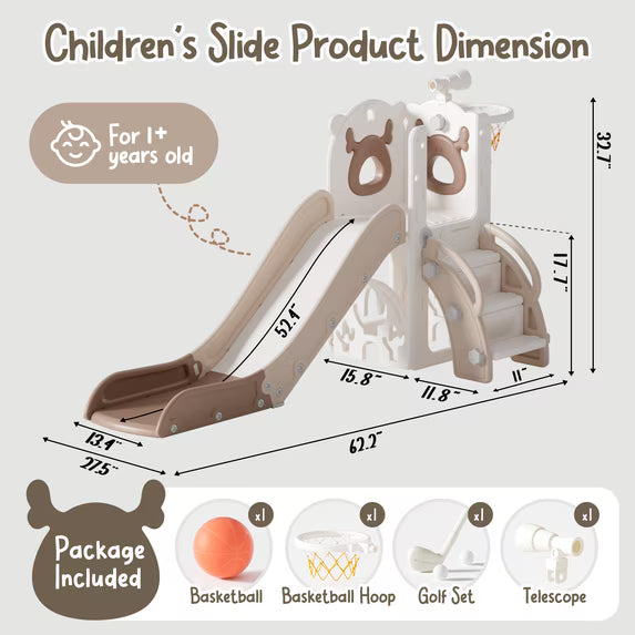 Fodoss 7 in 1 Toddler Slide Kids Slide for Toddlers Indoor and Outdoor with Upgraded Golf&Basketball Hoop for Kids Elk Design Brown
