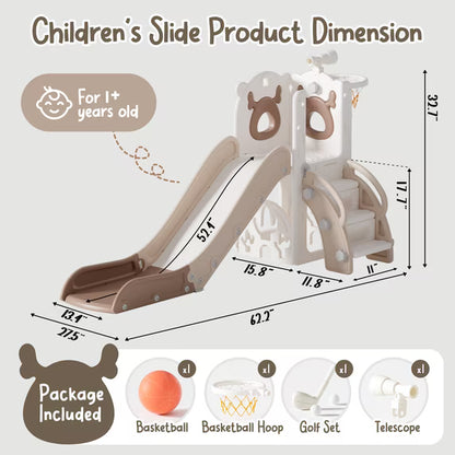 Fodoss 7 in 1 Toddler Slide Kids Slide for Toddlers Indoor and Outdoor with Upgraded Golf&Basketball Hoop for Kids Elk Design Brown