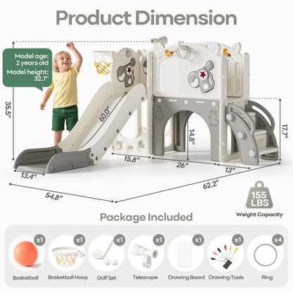 Fodoss 10 in 1 Toddler Slide for Kids Kids Slide for Toddlers Indoor and Outdoor with Basketball Hoop Golf Drawing Set Pegasus Theme Brown