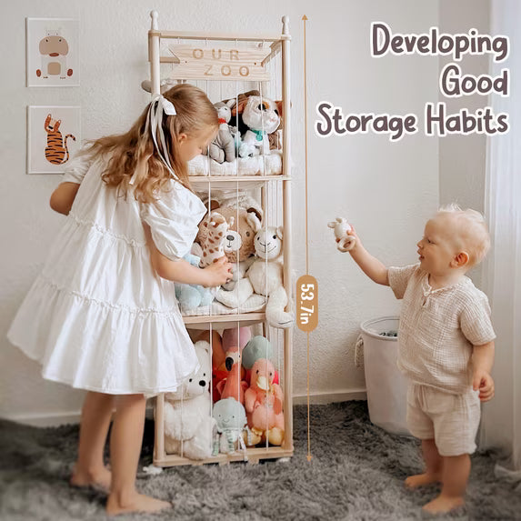 Fodoss Wooden Stuffed Animal Organizer – Zoo-Themed Storage for Plush Toys, Kids’ Room, Nursery, Playroom, Space-Saving Toy Holder